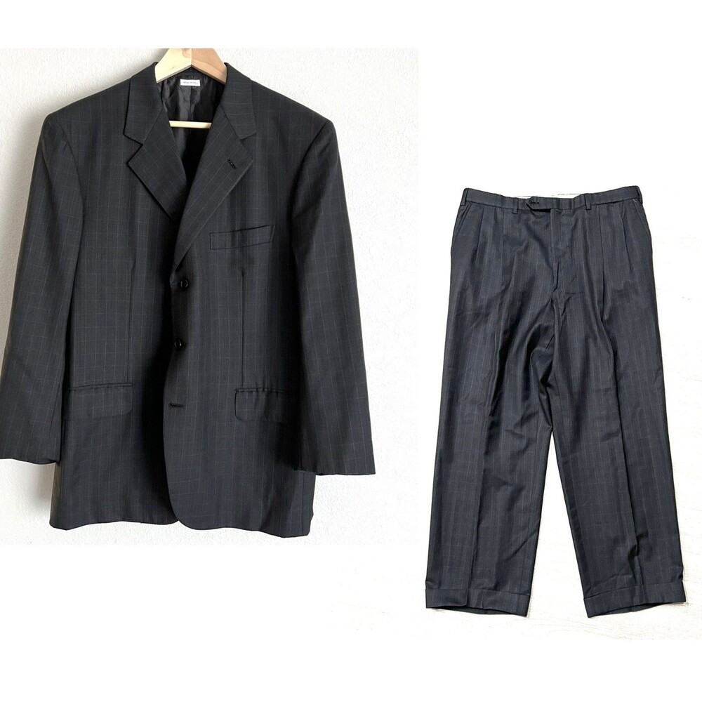 Brioni Mens Palatino Grid Pattern 3 Button Suit Size 44 R Charcoal